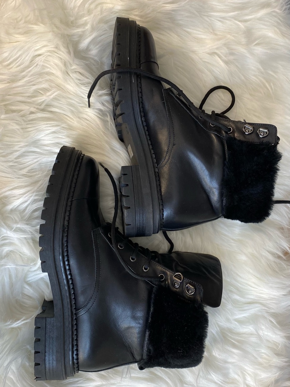 ‼️Made in Italy Fur Trim Black Lace-Up Women's Combat Boots - Picture 3 of 11